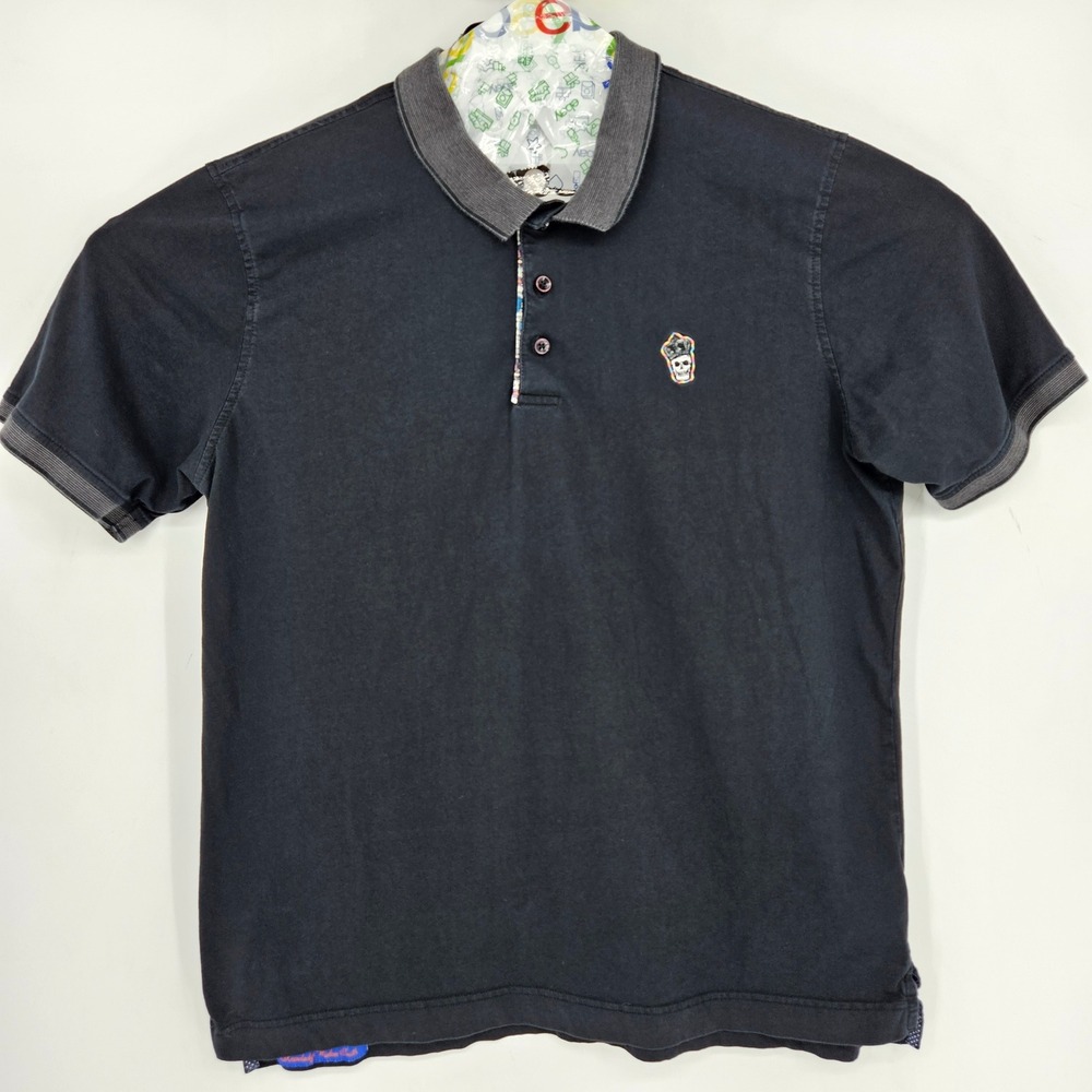 Robert Graham Polo Shirt Mens 2XL Black Cotton Preppy‎ Short Sleeve Skull